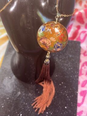 Gold Floral 2 Sided Enamel Chinese Cloisione Butterfly & Flowers Tassel Necklace